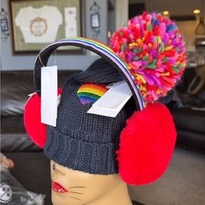 Nordstrom Rainbow Pom Pom Knit Hat with Red Earmuffs